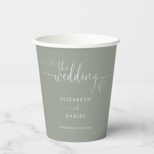 Gobelets En Papier Mariage Sage Green Heart Script (Recto)