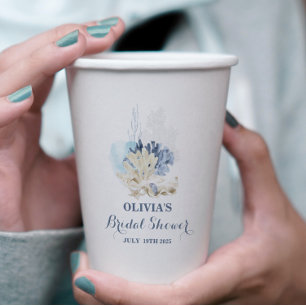 Gobelets En Papier Mariage sur la plage côtière coquillage bleu