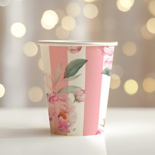Gobelets En Papier Mariage thème Paris rayures roses florales pivoine