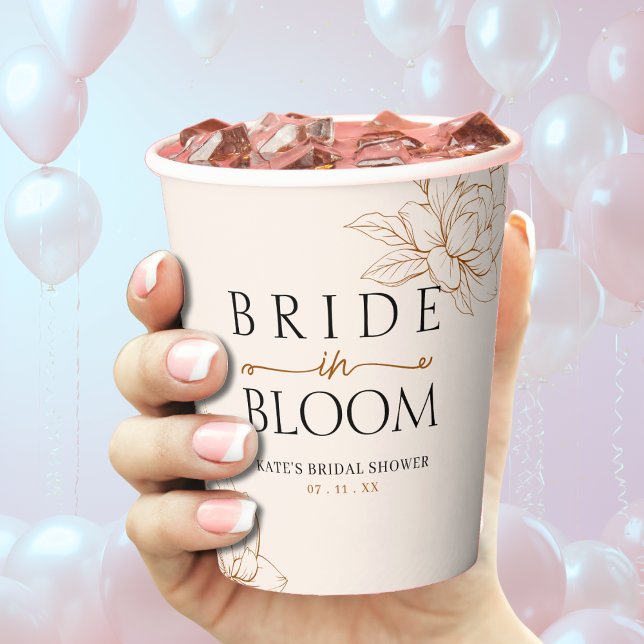 Gobelets En Papier Mariée en fleurs Tanné Brun Enterrement de vie de  (Bride in Bloom Tan Brown Bridal Shower Paper Cups
)