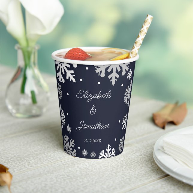 Gobelets En Papier Marine Blue Snowflakes Mariage d'hiver (Insitu)