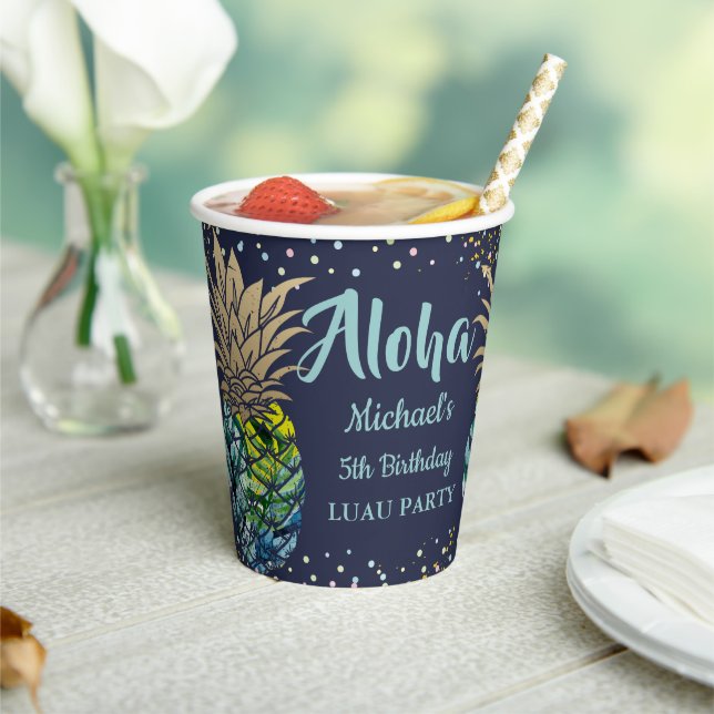 Gobelets En Papier Marine Blue Tropical Luau Pineappal Beach Annivers (Insitu)