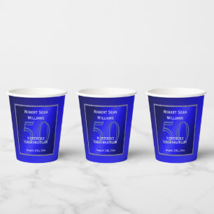 Gobelets En Papier Masculine Cadre bleu et Parties scintillant 50e an