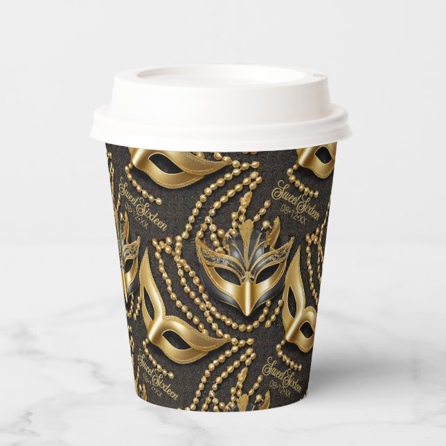 Gobelets En Papier Masquerade Sweet 16 perles Masques Black ID1032 (Recto)