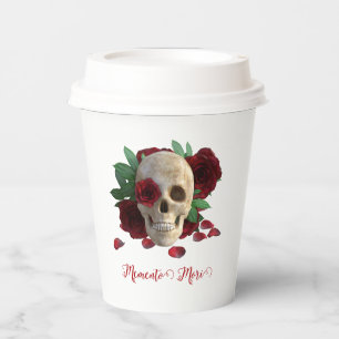 Gobelets En Papier Memento Mori. Crâne aux roses rouges