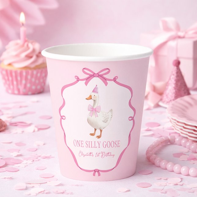 Gobelets En Papier Mignonne One Silly Goose Rose Bow Premier annivers (Cute One Silly Goose Pink Bow First Birthday Paper Cups)