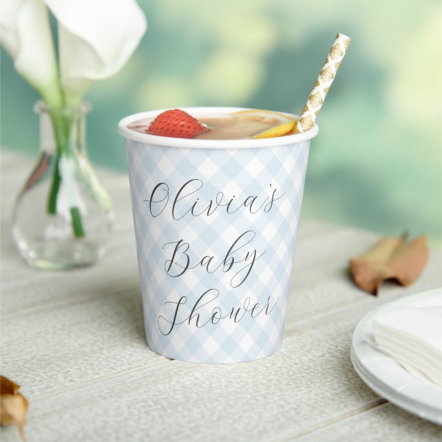 Gobelets En Papier Moderne + Baby shower bleu clair doux En vichy (Insitu)