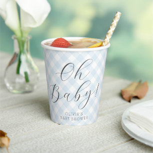 Gobelets En Papier Mon bébé ! Baby shower En vichy bleu clair doux