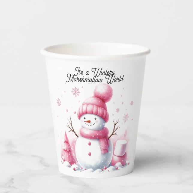 Gobelets En Papier Monde de Marshmallow de Snowman rose (Recto)