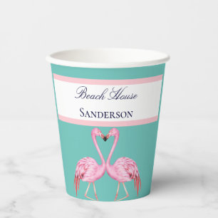 Gobelets En Papier Monogram Beach House Flamants roses Turquoises mar