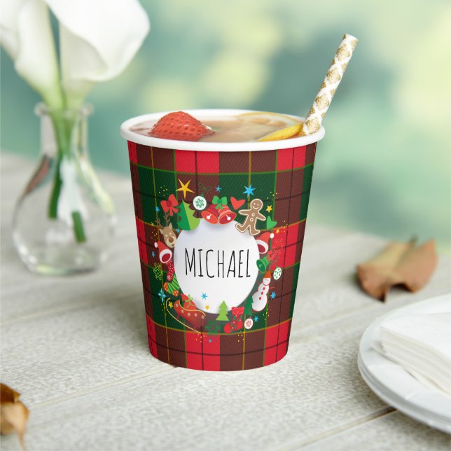 Gobelets En Papier Monogram Winter Holiday Christmas Scottish Pattern (Insitu)