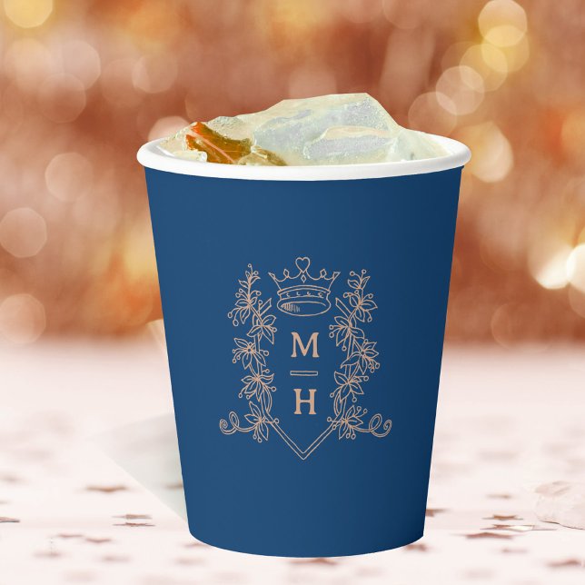 Gobelets En Papier Monogramme couronne bleu rose or mariage (Créateur téléchargé)