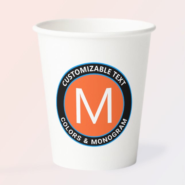 Gobelets En Papier Monogramme et texte en gras | Blanc noir orange et (Créateur téléchargé)