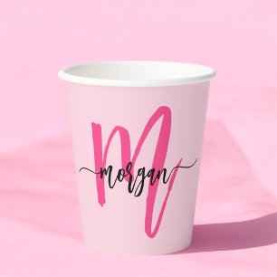 Gobelets En Papier Monogramme Féminin Moderne en Écriture Rose Chaud