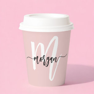Gobelets En Papier Monogramme Féminin Moderne en Rose Pâle avec Nom e
