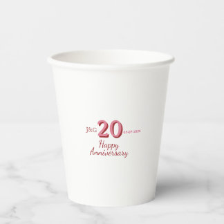 Gobelets En Papier monogramme gras nom date rose 20e anniversaire