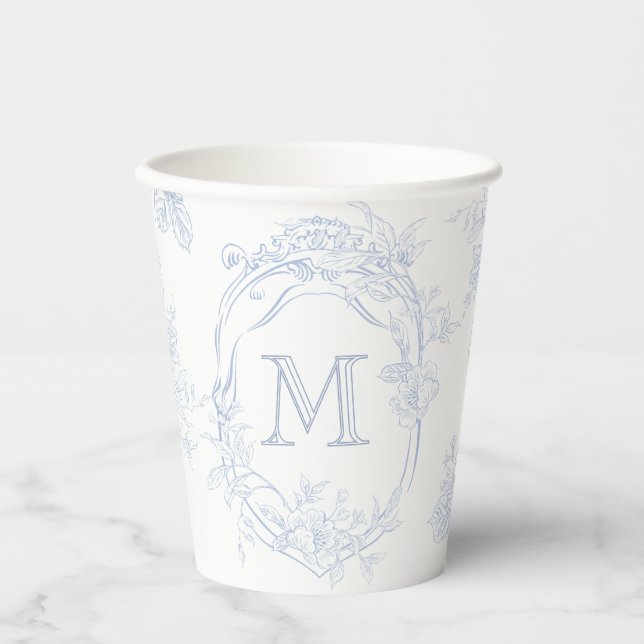 Gobelets En Papier Monogramme initial Floral Toile bleu Mariage (Recto)