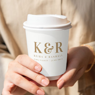 Gobelets En Papier Monogramme mariage minimaliste Or simple et blanc