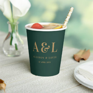 Gobelets En Papier Monogramme minimaliste mariage Emerald Green Gold