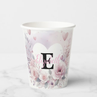 Gobelets En Papier Monogramme nom cœurs floraux aquarelle romantique