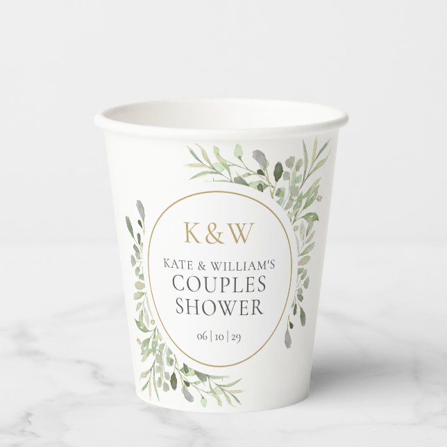 Gobelets En Papier Monogramme Or Wedding shower Couples de verdure (Recto)