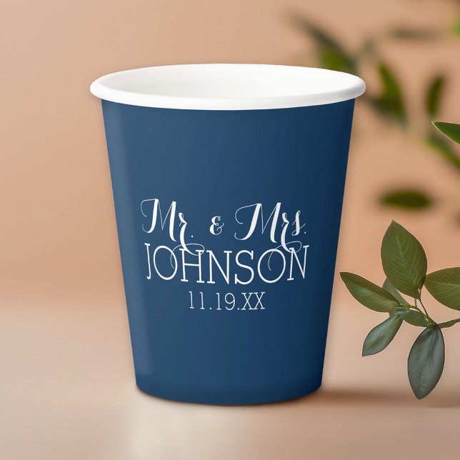 Gobelets En Papier Monsieur et Madame Cadeau de Mariage Bleu Marine U (Custom Paper Cups for a Wedding or Anniversary Celebration)