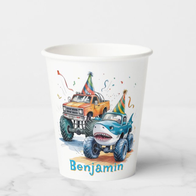 Gobelets En Papier Monster Shark Camion Anniversaire Bash (Recto)