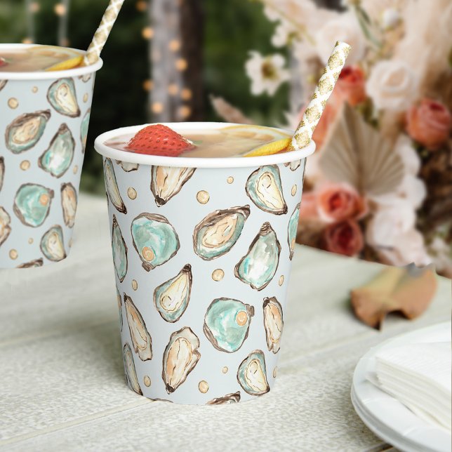 Gobelets En Papier Motif aquarelle d'huître et de perle d'eau côtière (Créateur téléchargé)
