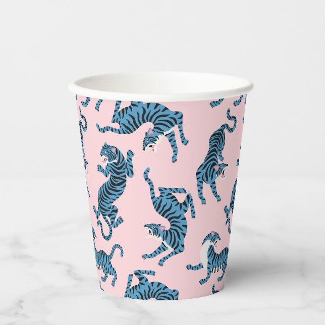 Gobelets En Papier Motif asiatique de tigre bleu (Recto)