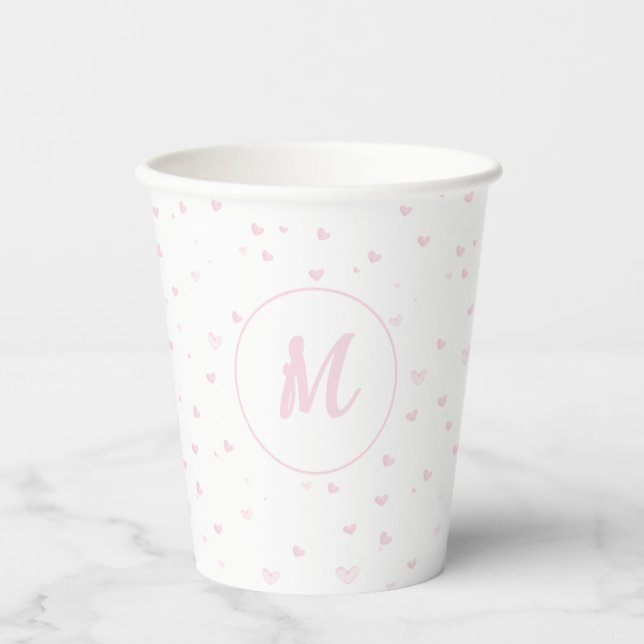 Gobelets En Papier Motif Coeur rose Fille Romantique Monogramme (Recto)