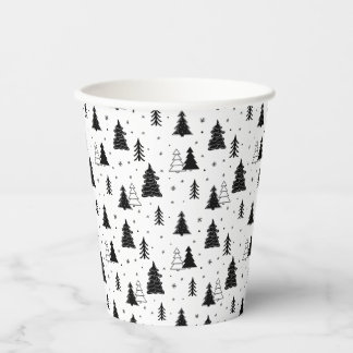 Gobelets En Papier Motif d'arbre de Noël noir et blanc