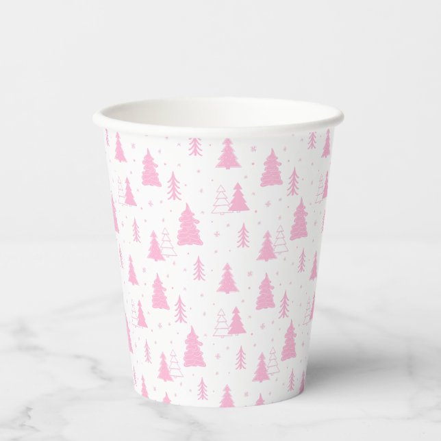 Gobelets En Papier Motif d'arbre de Noël rose (Recto)