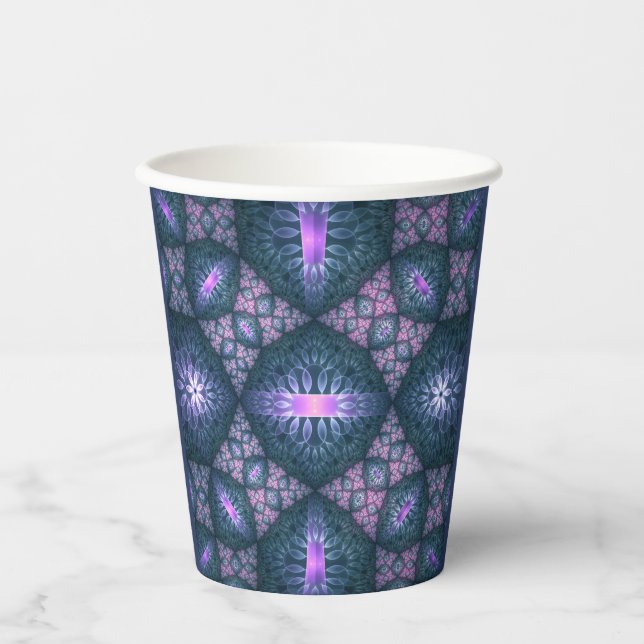 Gobelets En Papier motif d'art fractal 3D Turquoise violet rose (Recto)