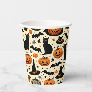 Gobelets En Papier Motif de chat noir et de citrouille sur le thème d