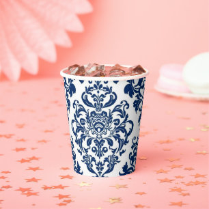 Gobelets En Papier Motif de fleur damassé victorien élégant bleu mari