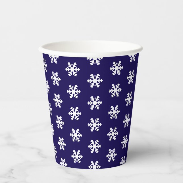 Gobelets En Papier Motif de neige bleu et blanc hiver (Recto)