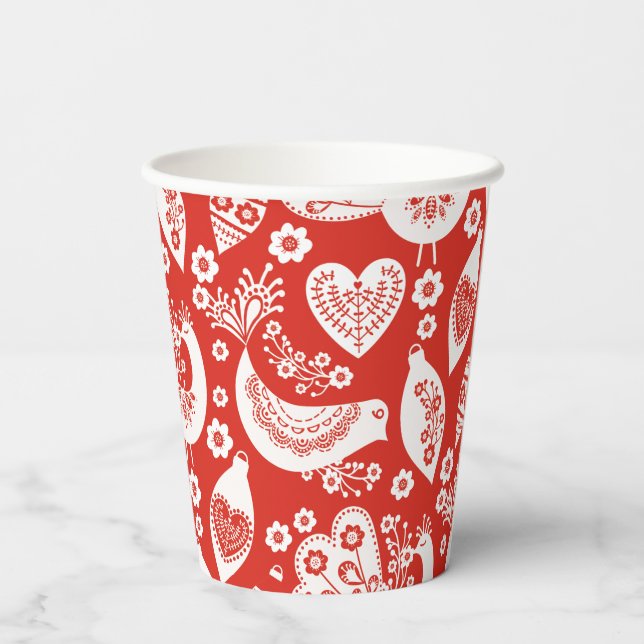 Gobelets En Papier Motif de Noël scandinave rouge avec oiseaux (Verso)