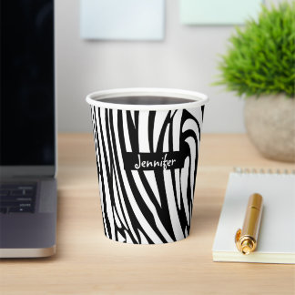 Gobelets En Papier Motif de zèbre à rayures noir et blanc Monogramme