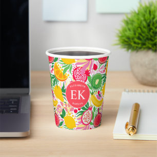Gobelets En Papier Motif d'été pour le Monogramme de fruits tropicaux