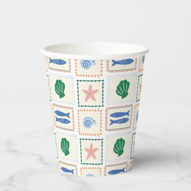 Gobelets En Papier Motif moderne Boho Coastal Pastel Seashell (Recto)