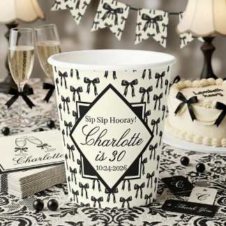 Gobelets En Papier Motif Noir à Ruban Anniversaire Noir et Blanc Vint