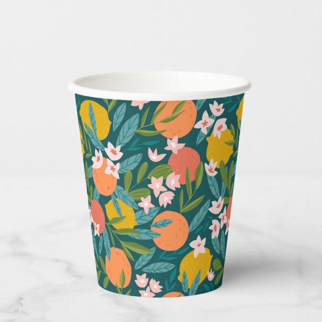 Gobelets En Papier Motif vintage en fleurs d'orange et de citron (Recto)