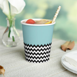 Gobelets En Papier Motif Zigzag noir et blanc, Chevron, Bleu
