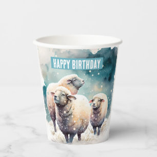 Gobelets En Papier Moutons dans un paysage enneigé - fête d'anniversa