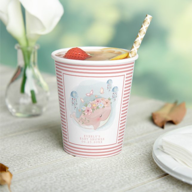 Gobelets En Papier Nautique Baleine rose Jellyfish Baby shower fille (Insitu)