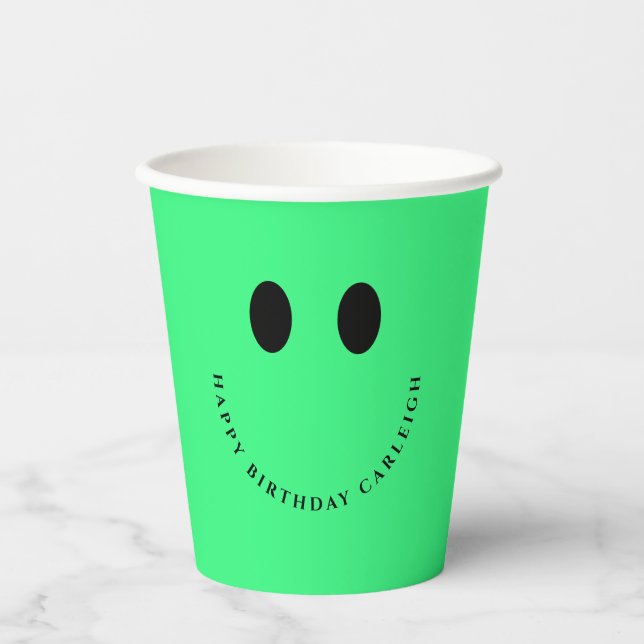 Gobelets En Papier Neon Green Happy Face Coupes de papier personnalis (Recto)