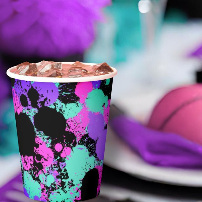 Gobelets En Papier Neon Magenta Purple Turquoise Paint Splatter Anniv (Créateur téléchargé)