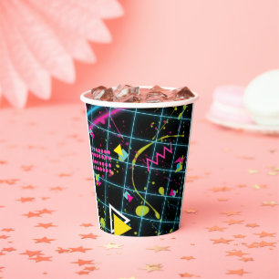 Gobelets En Papier Neon Noir Rétro Années 80 90 Fête d'anniversaire