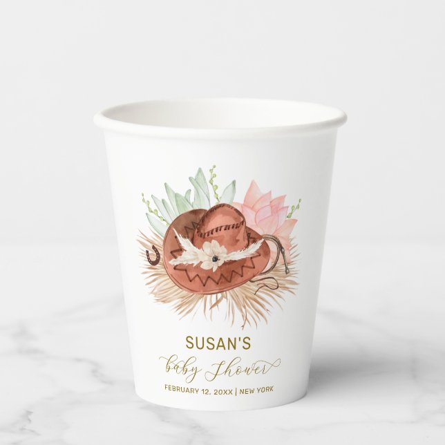 Gobelets En Papier Neutre moderne Boho Cactus Cowboy Baby shower Casq (Recto)
