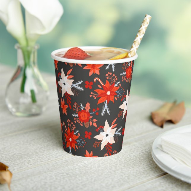 Gobelets En Papier Noël Festif hiver Rouge rose floral (Insitu)